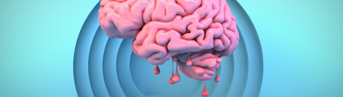 A pink brain with dripping edges, melting downwards onto a blue surface.