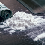 cocaine, one of the most common street drugs, in powder form on a table with a rolled hundred dollar bill