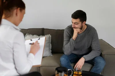 a man sitting on a couch at a Los Angeles inpatient drug rehab with a female addiction therapist take medical notes on a clipboard