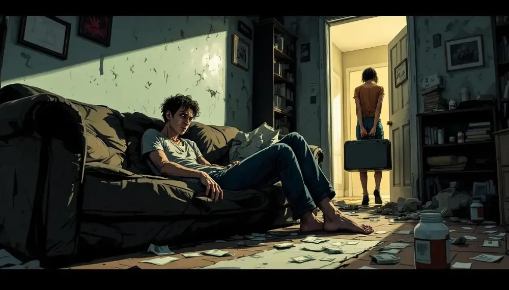 An illustration representing the social and economic consequences of drug addiction, including financial struggles and relationship issues.