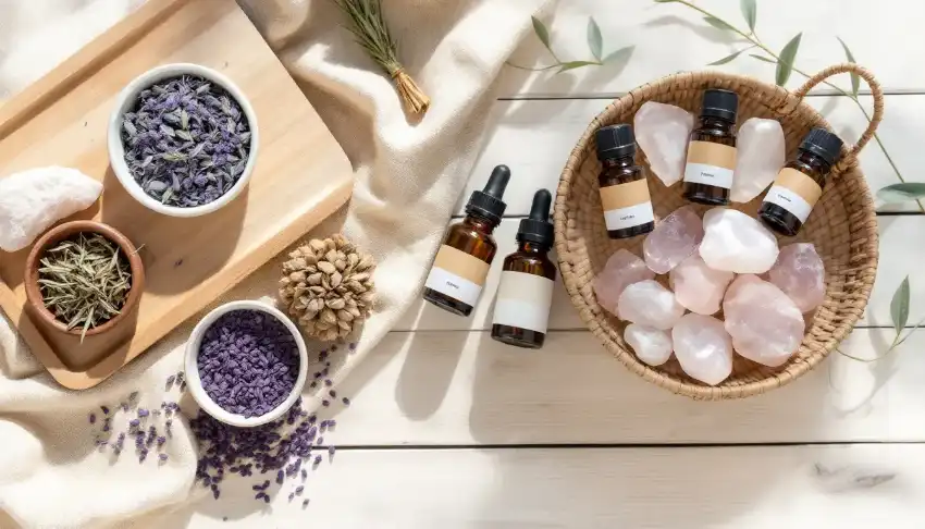 The image showcases a serene arrangement of various natural healing elements, including vibrant herbs, essential oils in small bottles, and polished healing stones, all symbolizing a holistic approach to wellness and alternative medicine. This peaceful composition reflects the essence of holistic healing in addiction treatment, emphasizing the connection between body, mind, and spirit for optimal health.