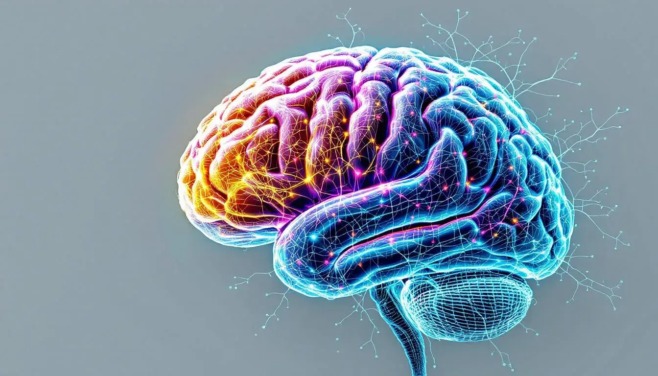 The image displays a brain scan highlighting neural pathways and connections, which can provide insights into the brain's structure related to substance use disorders and addictive personality traits. This visual representation may help in understanding how certain personality traits and environmental factors contribute to addiction risk and impulse control issues.