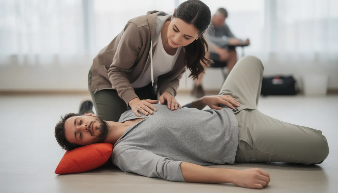 The image shows a person lying in the recovery position, being closely monitored by someone kneeling beside them, highlighting the importance of emergency care during a suspected opioid overdose. This scene emphasizes the critical role of administering naloxone, a life-saving medication that can quickly reverse the effects of opioid drugs and restore normal breathing.