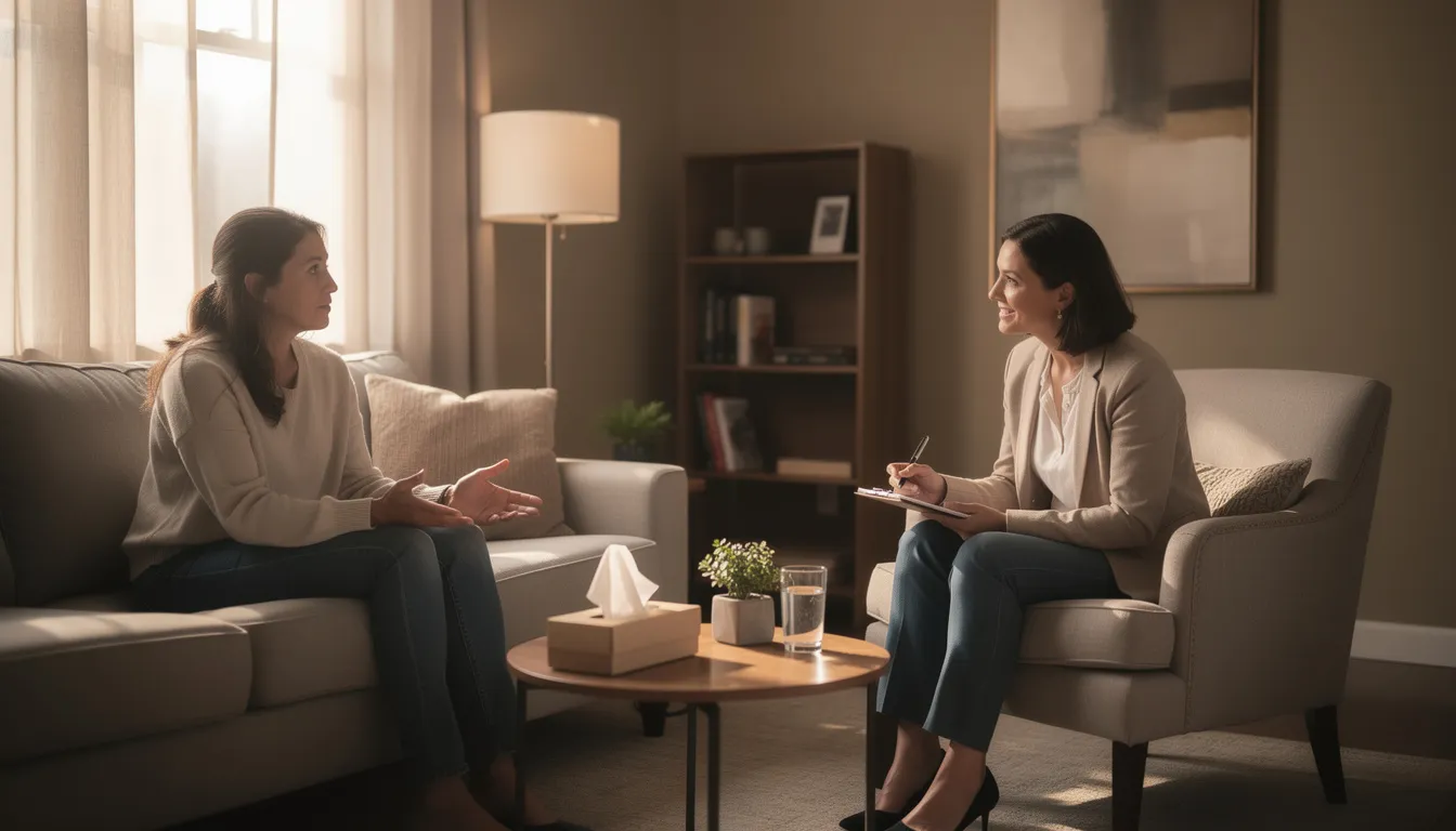 The image depicts a therapist and a client engaged in an individual therapy session within a comfortable private office, emphasizing the importance of mental health treatment for various personality disorders. The setting suggests a safe space for discussing emotional challenges, such as mood swings and impulsive behaviors, often associated with conditions like borderline personality disorder and other frequently diagnosed personality disorders.