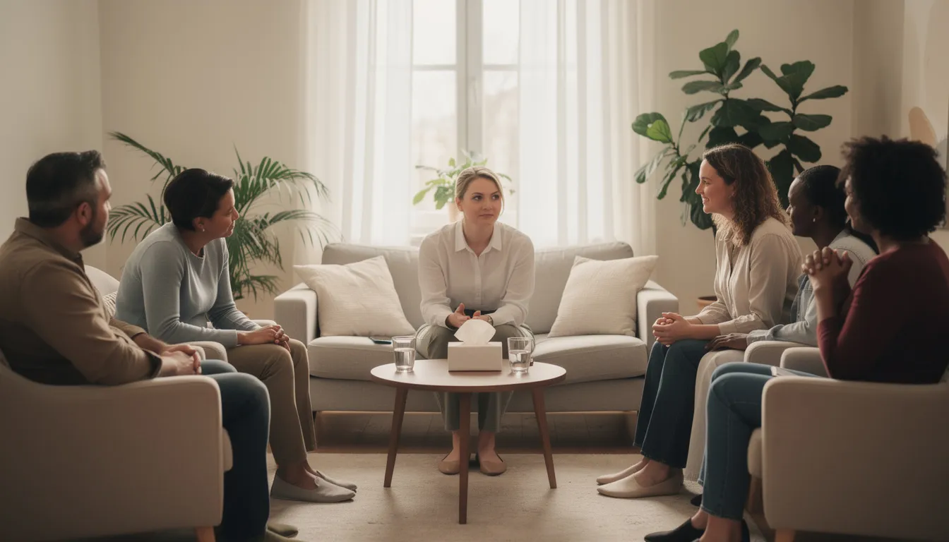 The image depicts a group of people engaged in a supportive therapy session within a comfortable room, fostering an environment for discussing mental health conditions, including various personality disorders. Mental health professionals guide the participants as they share experiences and strategies for managing emotions and improving their relationships through talk therapy and dialectical behavior therapy.