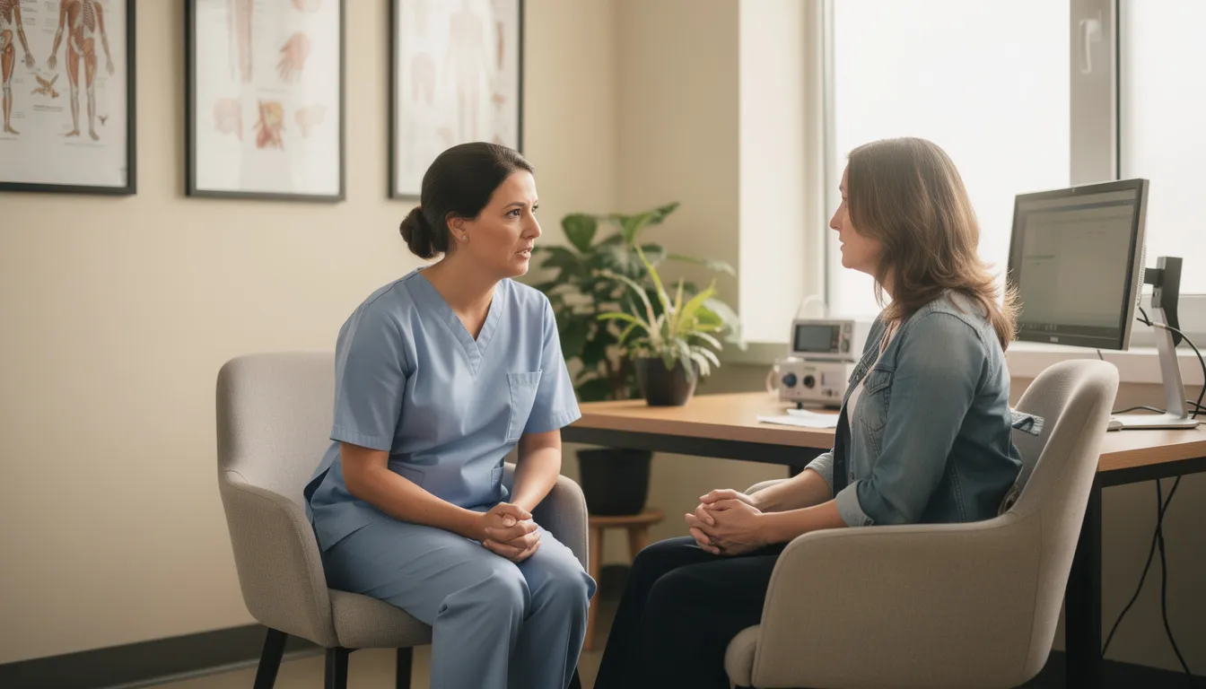 A compassionate healthcare professional is engaged in a supportive conversation with a patient in a comfortable clinical setting, addressing issues related to substance use and mental health disorders. The atmosphere promotes trust and understanding, essential for discussing treatment plans for substance misuse and addiction.