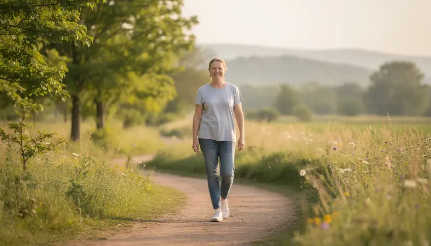 A person is walking through a serene natural setting, embodying a sense of recovery and well-being, which may symbolize the journey of overcoming opioid addiction and the challenges of suboxone withdrawal. The peaceful environment reflects the hope and strength found in addiction treatment and the path to mental health.