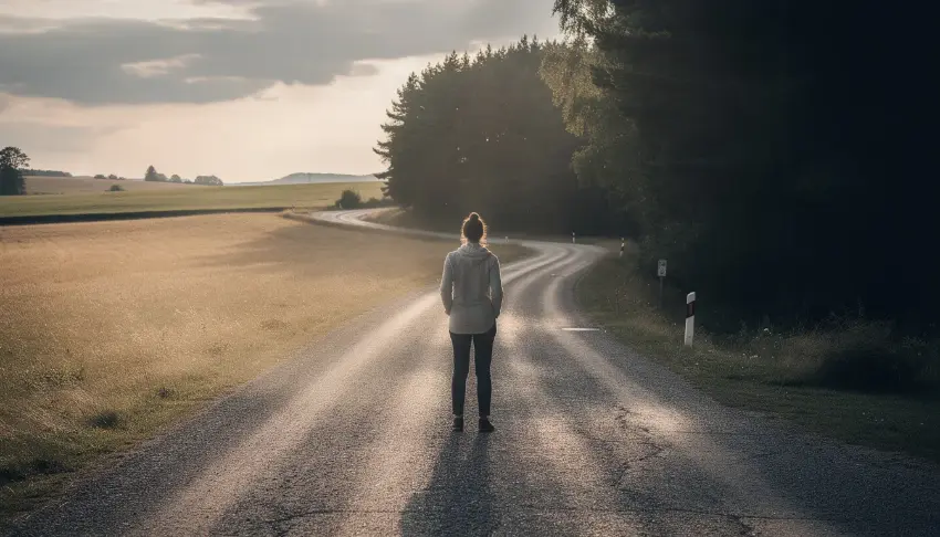 A person stands thoughtfully at a fork in the road, contemplating two distinct paths that symbolize choices in life, possibly reflecting on the complexities of codependency in relationships with addicted loved ones. This moment captures the struggle between maintaining unhealthy relationship dynamics and seeking healthier relationships for personal growth and well-being.