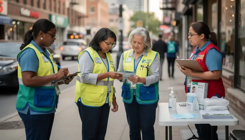 A group of community health workers is actively engaging with individuals on an urban street during the daytime, promoting harm reduction strategies and providing information about the dangers of xylazine and fentanyl mixtures. Their outreach efforts aim to address the rising concerns of overdose deaths and drug dependence in the community.